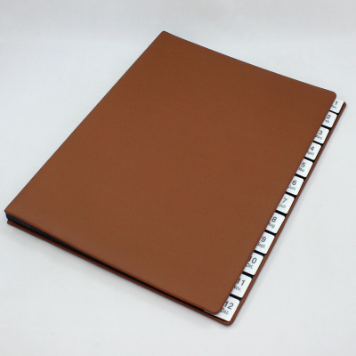 Monthly Desk File Sorter with Brown Grained Leather Cover